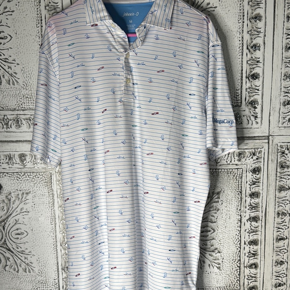 johnnie-O White and Blue Striped Polo Shirt